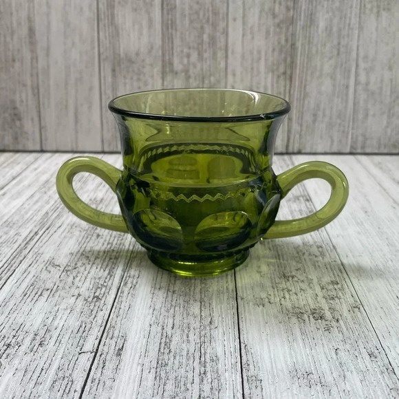 Avocado Green King Crown’s Thumb Print Pattern-Indiana Glass Creamer & Sugar Set - Picture 5 of 9
